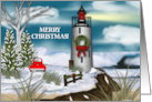Christmas, Lighthouse, Ocean Scene with Retro Red Truck card
