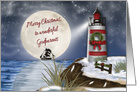 Merry Christmas, Godparents, Lighthouse, Moon Reflecting on the Water card