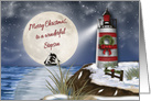 Merry Christmas, Stepson, Lighthouse, Moon Reflecting on the Water card