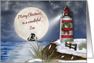 Merry Christmas, Son, Lighthouse, Moon Reflecting on the Water card