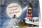 Merry Christmas, Dad & Stepmom, Lighthouse Moon Reflecting on Water card