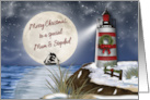 Merry Christmas, Mum & Stepdad, Lighthouse Moon Reflecting on Water card