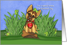 Valentine for a Cousin Shepherd Puppy with Frogs, Inchworms card
