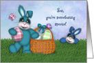 Easter for a Young Son, Adorable Bunnies with a Basket of Colored Eggs card