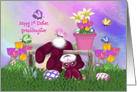 Happy 1st Easter. Granddaughter, Pink Bunny, Eggs, Flowers Butterflies card