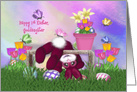 Happy 1st Easter. Goddaughter, Pink Bunny, Eggs, Flowers Butterflies card