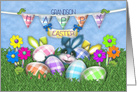 Easter for Grandson, Bunnies Gingham Eggs and Jelly Bean Flowers card