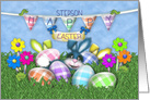 Easter for Stepson Bunnies Gingham Eggs, Jelly Bean Flowers card