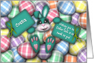 Easter for Cousin, Teal Bunny Laying in the Easter Eggs card