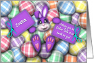 Easter for a Cousin Purple Bunny Laying in the Easter Eggs card