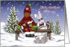 Merry Christmas for an Ethnic Young Boy, a Little Boy on Bench Animals card