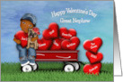 Valentine for Your Great Nephew Ethnic Boy and Puppy in Wagon Hearts card