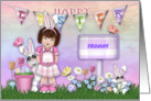 Easter Customize with Any Name Young Girl with Bunnies and Flowers card