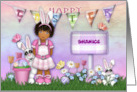 Easter Customize with Any Name Young Girl with Bunnies and Flowers card