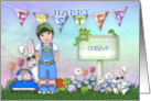 Easter for a Grandson Young boy with Bunnies and Flowers card