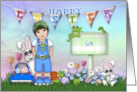 Easter for a Son Young boy with Bunnies and Flowers card