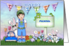Easter Customize with Any Name For a Boy Bunnies Frogs and Flowers card