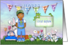 Easter for a Great Nephew Ethnic Young boy with Bunnies and Flowers card