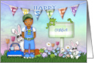 Easter for a Grandson Ethnic Young boy with Bunnies and Flowers card