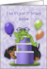 1st Birthday for a Nephew Frog with Glasses on a Cake Puppy card