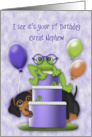 1st Birthday for a Great Nephew Frog with Glasses on a Cake Puppy card