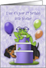 2nd Birthday for a Little Brother Frog with Glasses on a Cake Puppy card