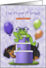7th Birthday Customize with Any Name Frog with Glasses on a Cake Puppy card