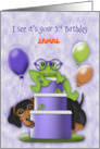 3rd Birthday Customize with Any Name Frog with Glasses on a Cake Puppy card