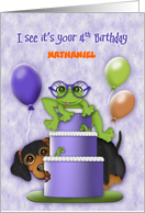 4th Birthday Customize with Any Name Frog with Glasses on a Cake Puppy card