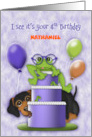 4th Birthday Customize with Any Name Frog with Glasses on a Cake Puppy card