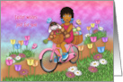 Easter for a Young Ethnic Girl on a Bike with Bunny in a Basket card