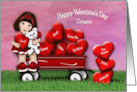 Valentine for Asian Cousin Teddy Bear in Wagon with Hearts card