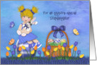 Easter For Stepdaughter Blonde Girl Sitting on Egg Holding Bunny card