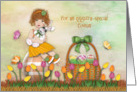 Easter for a Cousin Redhead Girl Sitting Egg Holding Bunny card