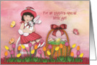 Easter For a Little Asian Girl Sitting on Egg Holding Bunny card