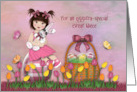 Easter For a Great Niece Girl Brunette Sitting on Egg Holding Bunny card