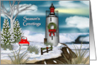 Christmas, Lighthouse, Ocean Scene with Retro Red Truck card