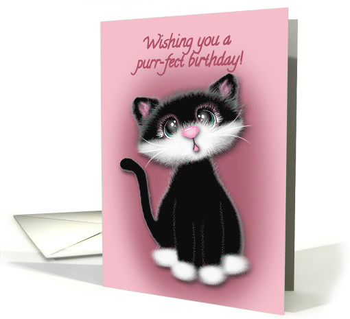 Girl's Birthday Black and White Kitten with Green Eyes card (1560290)