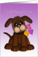 Girls Birthday, Cute Puppy Holding Tulips card