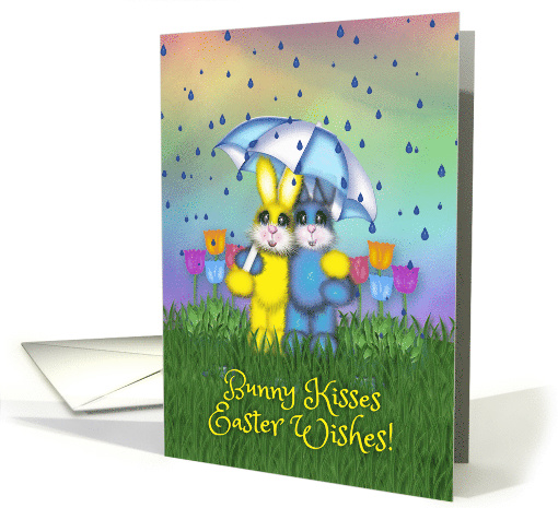 Easter Bunnies Hugging under an Umbrella, Flowers, Friend card