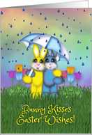 Easter Bunnies Hugging under an Umbrella, Flowers, Friend card