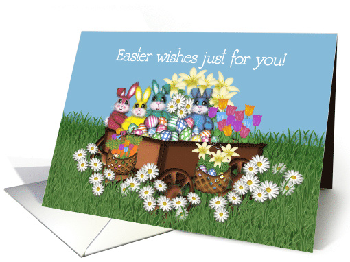 Easter Wagon Full of Cute Bunnies, Eggs and Flowers, for Kids card