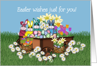 Easter Wagon Full of Cute Bunnies, Eggs and Flowers, for Kids card