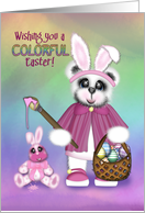 Cute Girl with Bunny Ears, Egg Basket, Paint Brush and Bear card