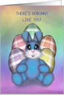 Adorable Blue Easter bunny with Gingham Eggs for a Young Boy or Girl card