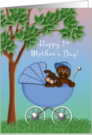 1st Mother’s Day, Baby Boy Hugging a Puppy in Vintage Baby Buggy card