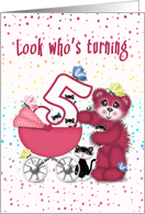 5th Birthday for Young Girl, Rose Bear with Kittens and Butterflies card