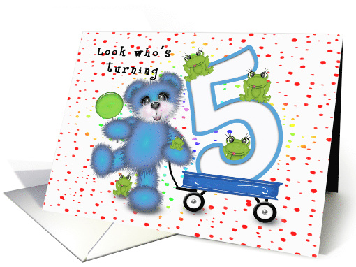 5th Birthday for Young boy, Blue Bear, with 5 Green... (1563136)