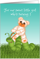 1st Birthday for Little Girl, Orange Polka Dot Bear Riding an Inchworm card