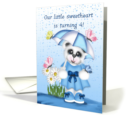 4th Birthday for Girl, White Teddy Bear in a Blue Dress, Umbrella card